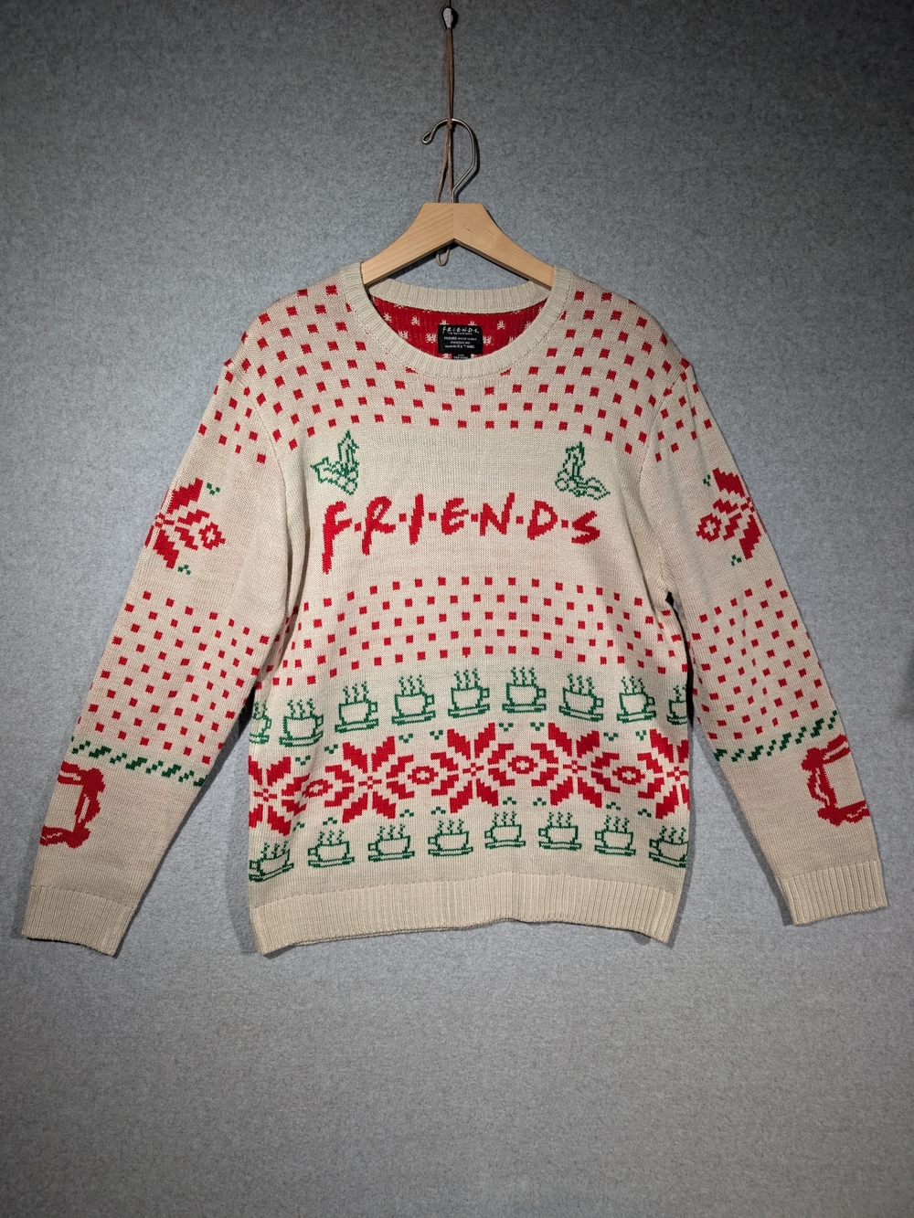 Friends Television Show Ugly Christmas Sweater Large Beige Red Fair Isle Coffee